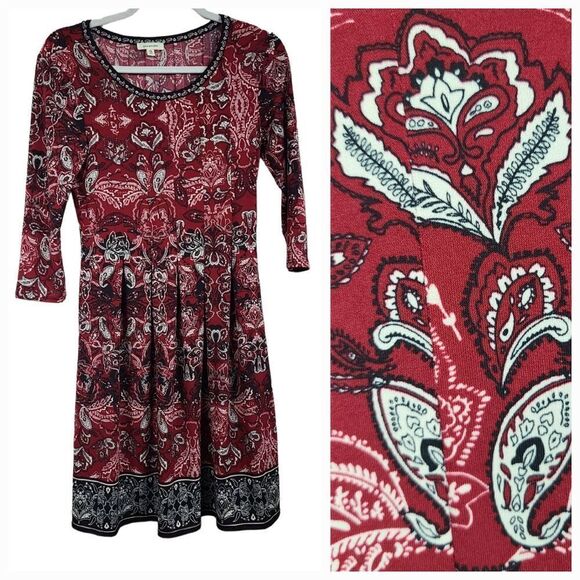 Max Studio Red Pleated Floral-Print Fit & Flare Jersey Knit Knee Length Dress - Picture 1 of 9